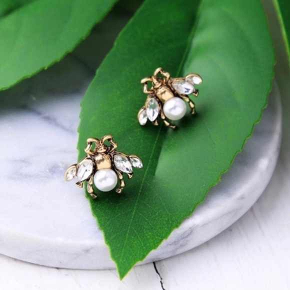 Honey Bee Earrings Pearl Teardrop OR Stud - 2 Styles - Picture 4 of 10